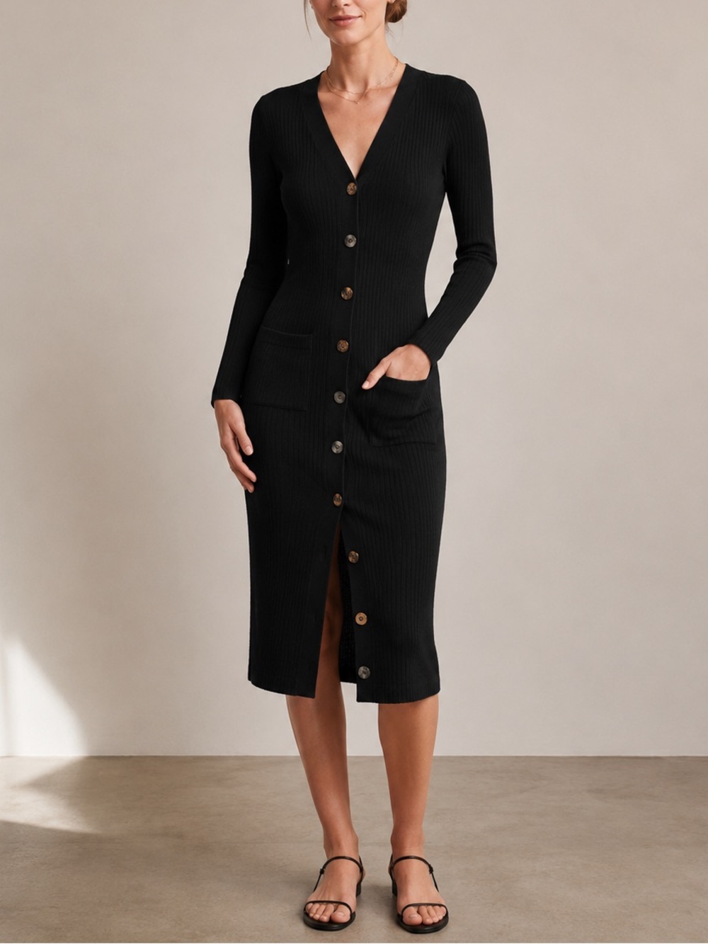 NAADAM 100% Cashmere Ribbed Cardigan Dress Small Black Luxe Soft Pockets